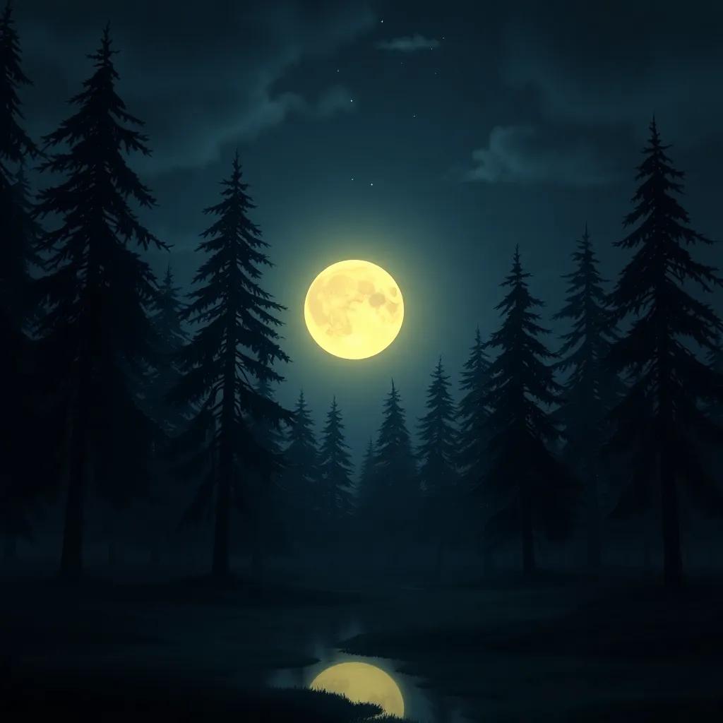 Freddie shining as the moon lights up the dark trees, with a sense of fulfillment and happiness, peaceful and reflective scene, dream-like