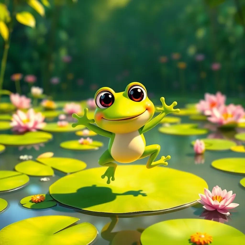 Freddie the Frog, a small green frog with big, bright eyes, happily jumping on a lily pad in his pond filled with lilypads and flowers, bright sunlight, cheerful mood, digital art, cartoon style, vibrant colors, playful scene, high quality
