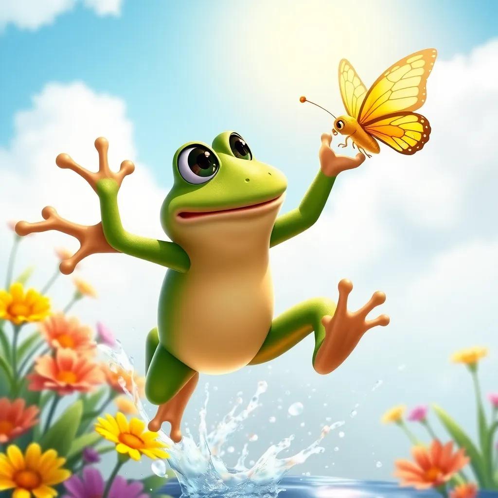 Freddie the Frog, mid-jump towards a butterfly, a yellow butterfly dancing in the sunny sky, water splashing around him, colorful flowers nearby, joyful expression, digital illustration, bright and colorful, fun perspective, high quality
