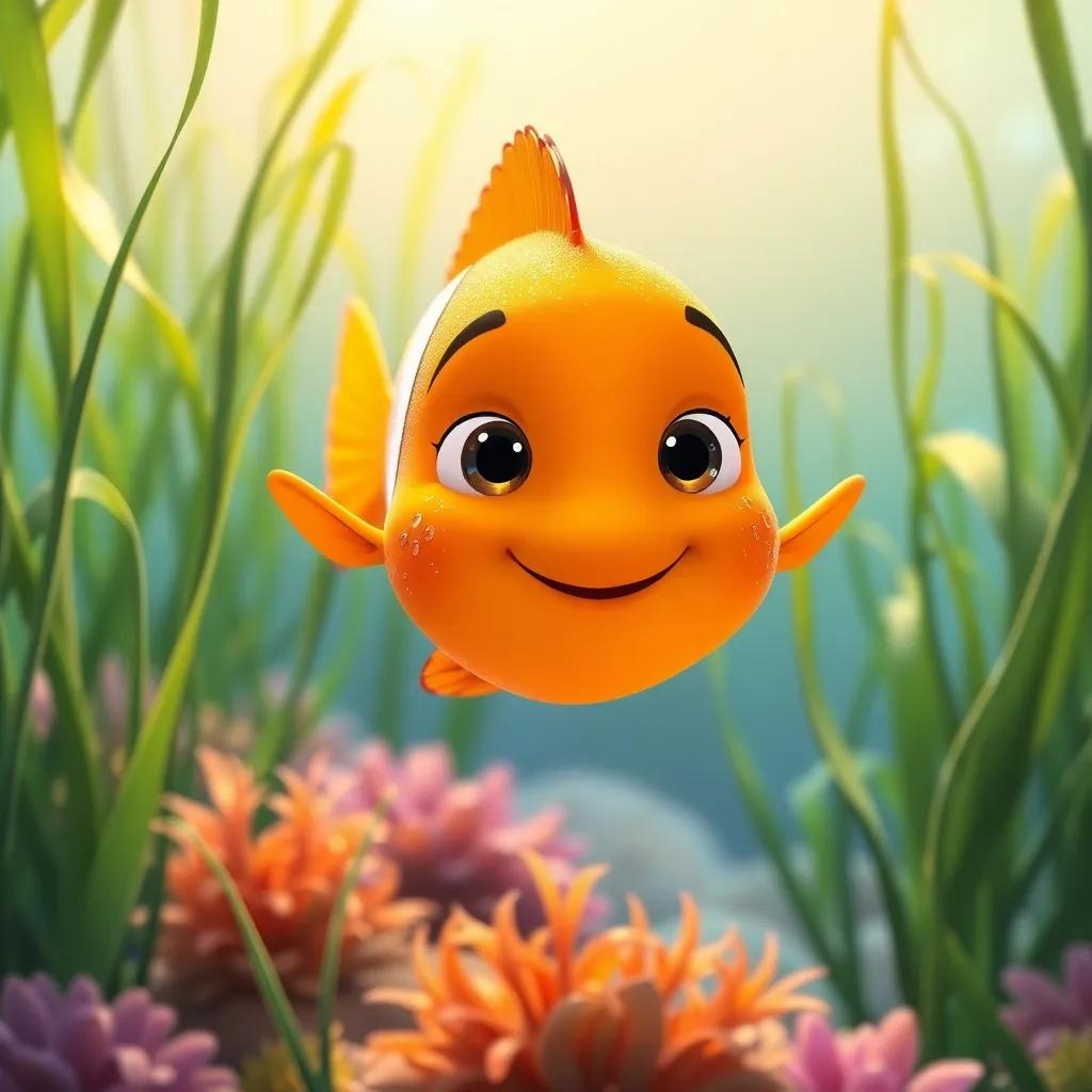 Finn the fish, a bright orange fish with sparkling scales, welcoming Freddie, surrounded by tall green grasses and waving plants, friendly expression, colorful underwater world, digital illustration, bright and engaging, warm light, high quality