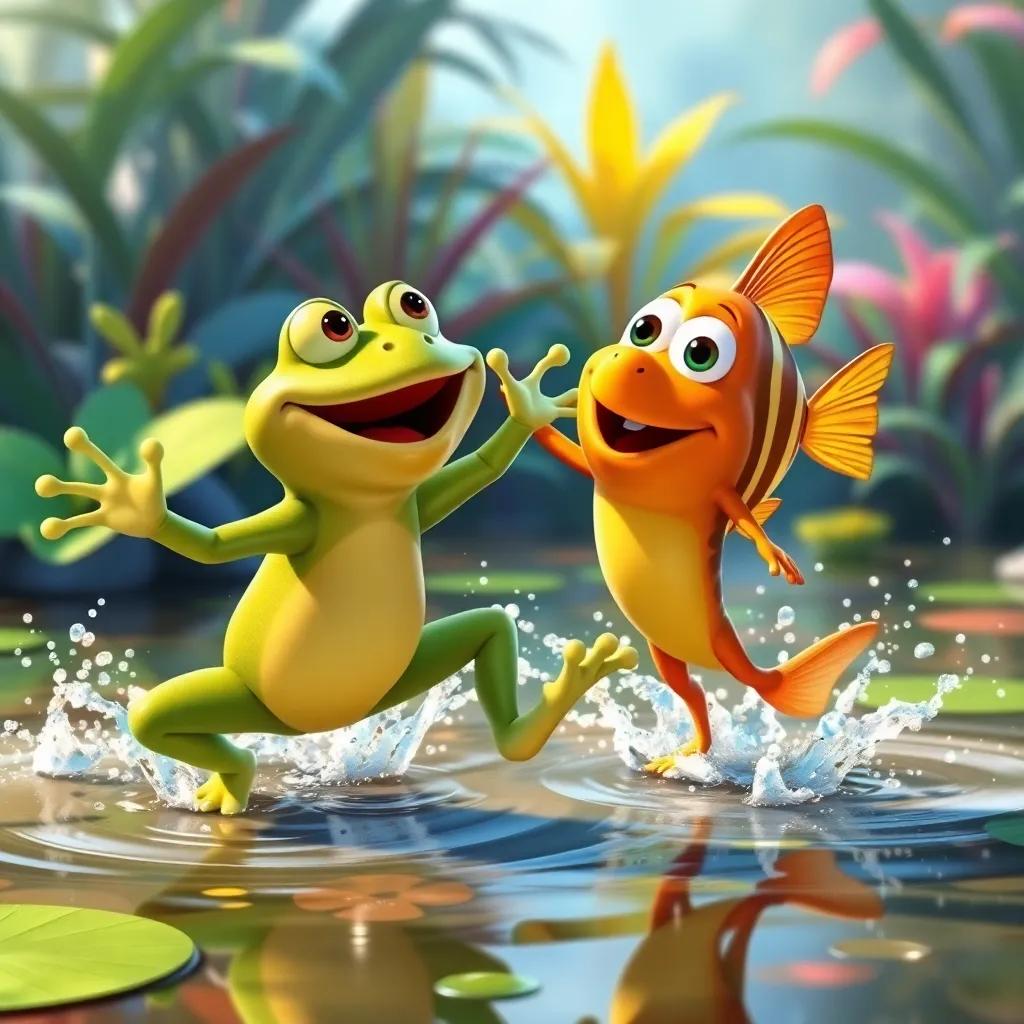 Freddie the Frog and Finn the fish playing together, leaping and splashing in the pond, vibrant tropical plants in the background, excitement and fun in their eyes, colorful atmosphere, joyful scene, digital art, dynamic movement, high quality