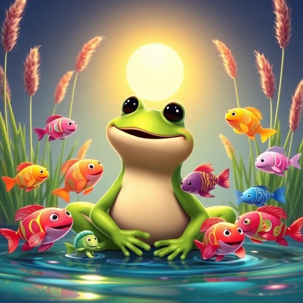 Freddie the Frog laughing happily with new colorful fish friends all around him, vibrant colors of the fishes, beautiful tall grasses waving gently in the water, glowing sun above, whimsical mood, digital illustration, bright and cheerful, high quality