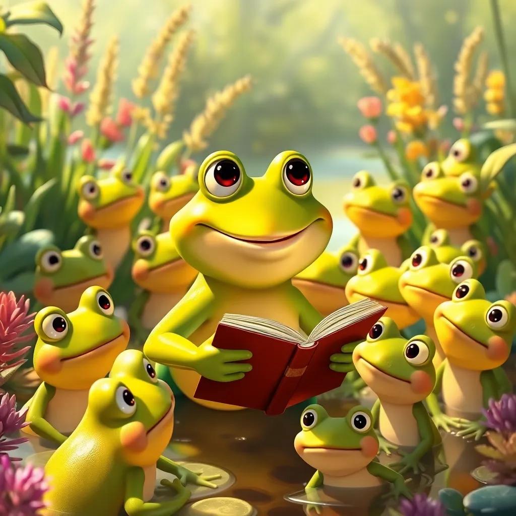 Freddie the Frog, smiling and sharing stories with his friends back in his old pond, illustration of many frogs with big eyes listening, colorful plants around, happy community, digital art, warm colors, sunny setting, high quality