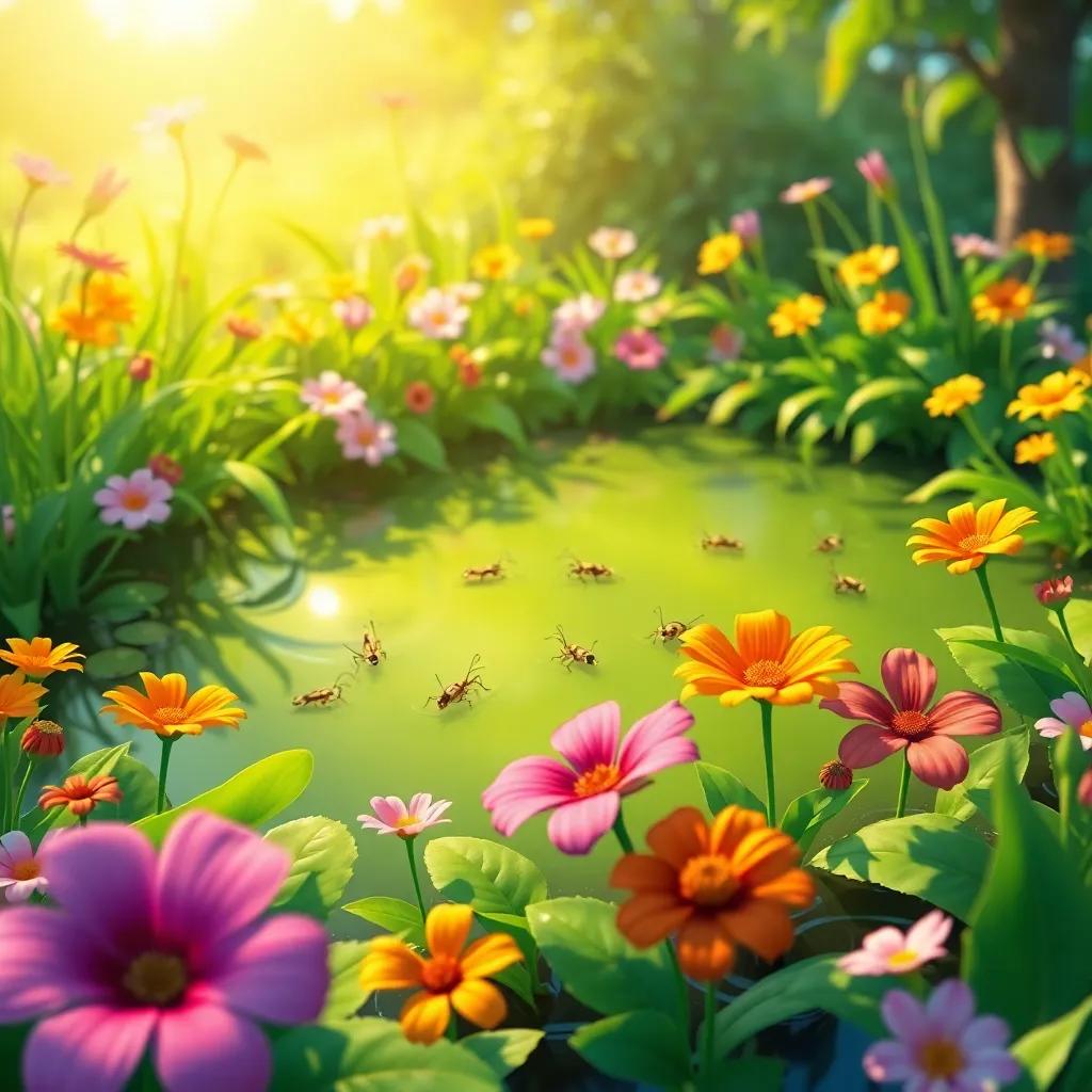 A cheerful green pond filled with bright flowers and chirping crickets, sunny day, digital art, vibrant colors, inviting atmosphere, high quality