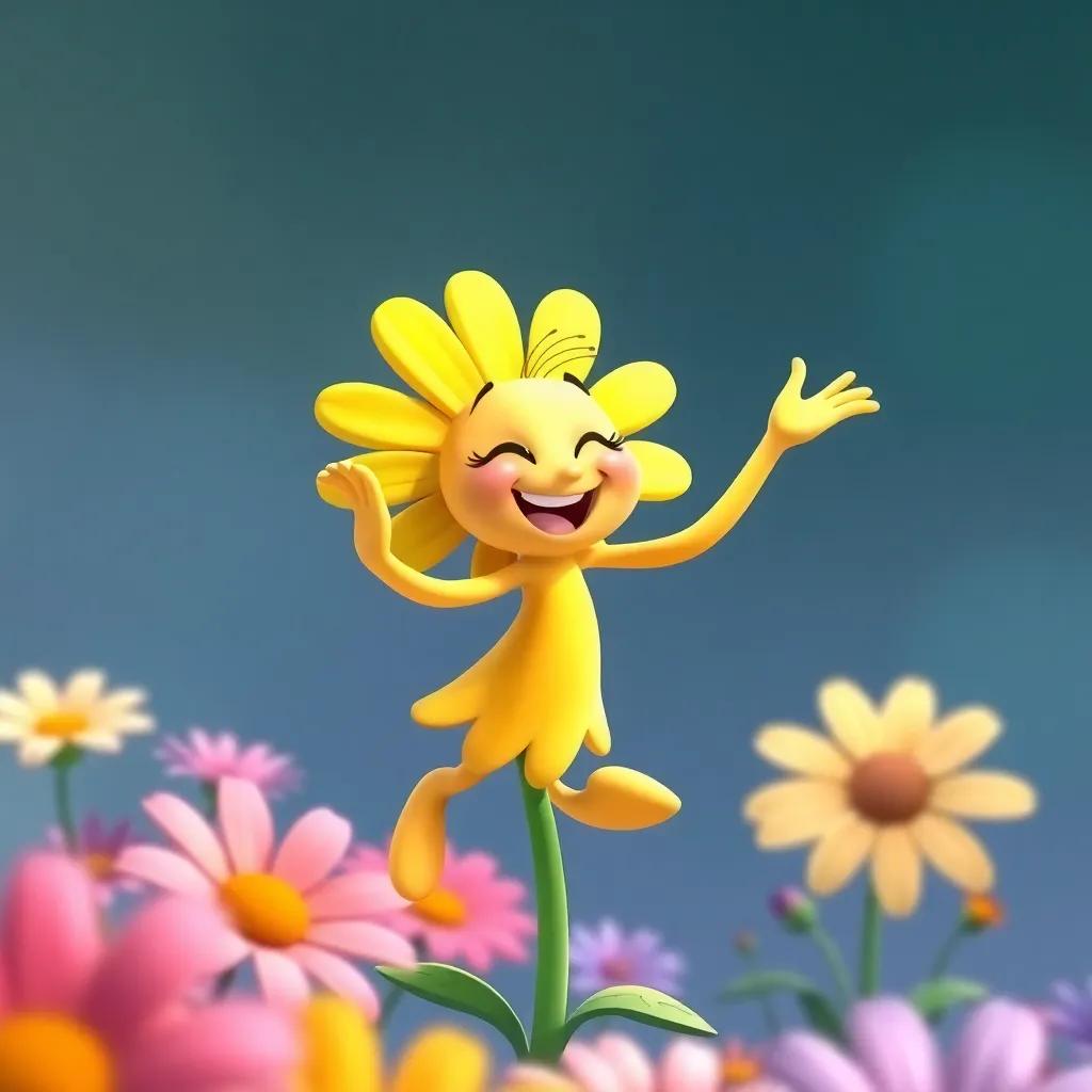 Daisy, a dancing flower with bright yellow petals and a big smile, swaying joyfully in the wind, surrounded by other flowers, cheerful vibe, high quality
