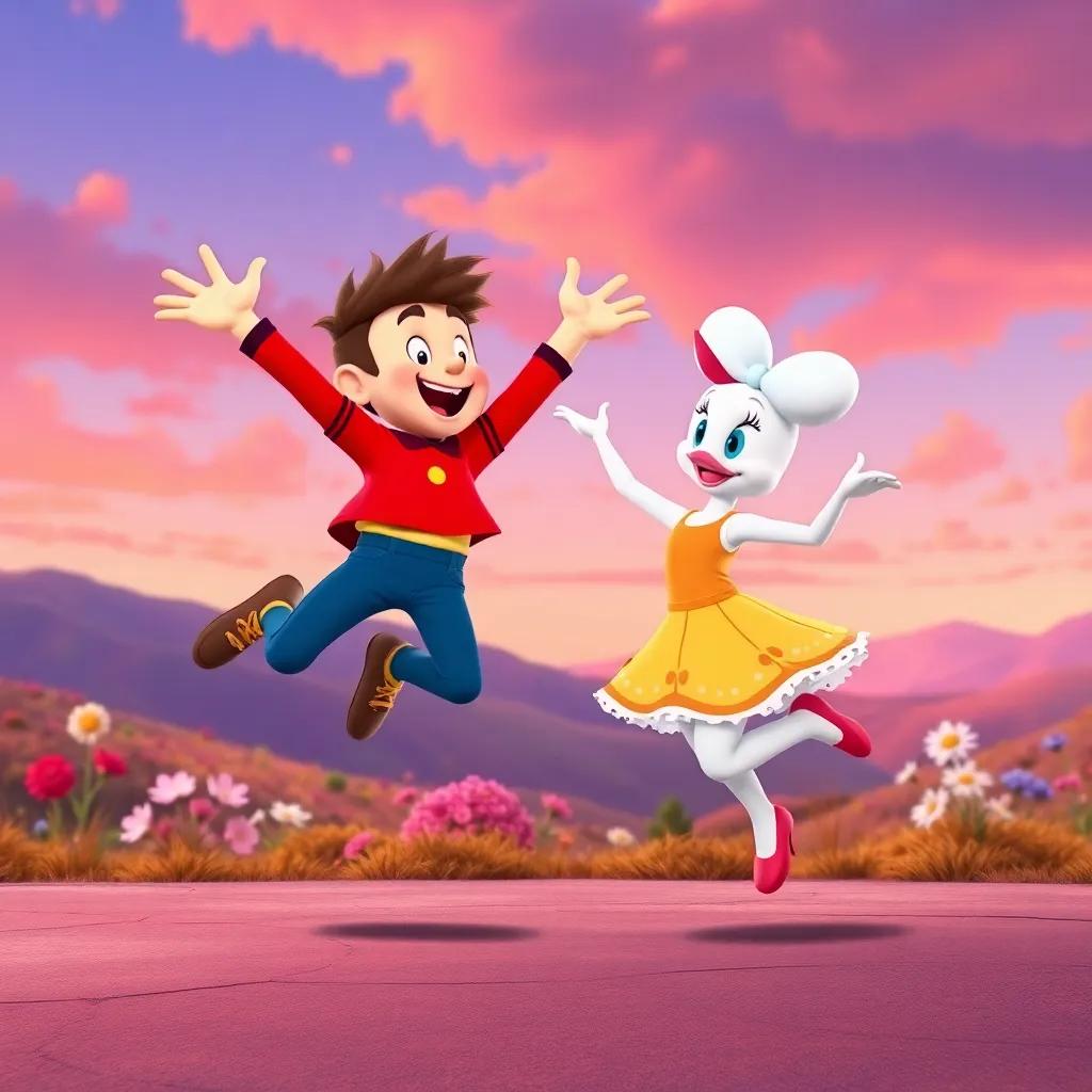Freddy and Daisy practicing their dance routine together, Freddy leaping high and Daisy twirling, vibrant landscape, playful scene, high quality