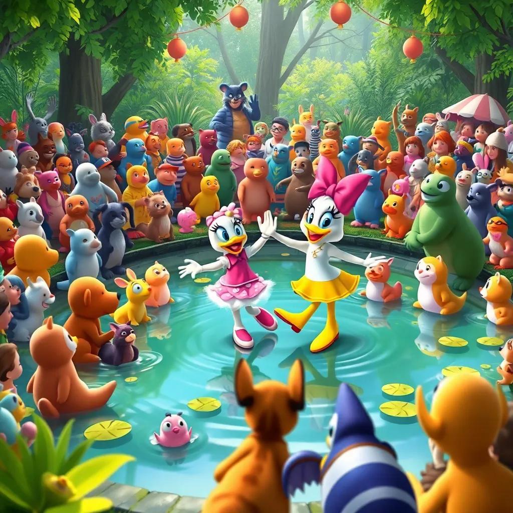 A lively pond show with many animals gathered around, Freddy and Daisy performing their joyful dance, colorful audience, festive atmosphere, high quality