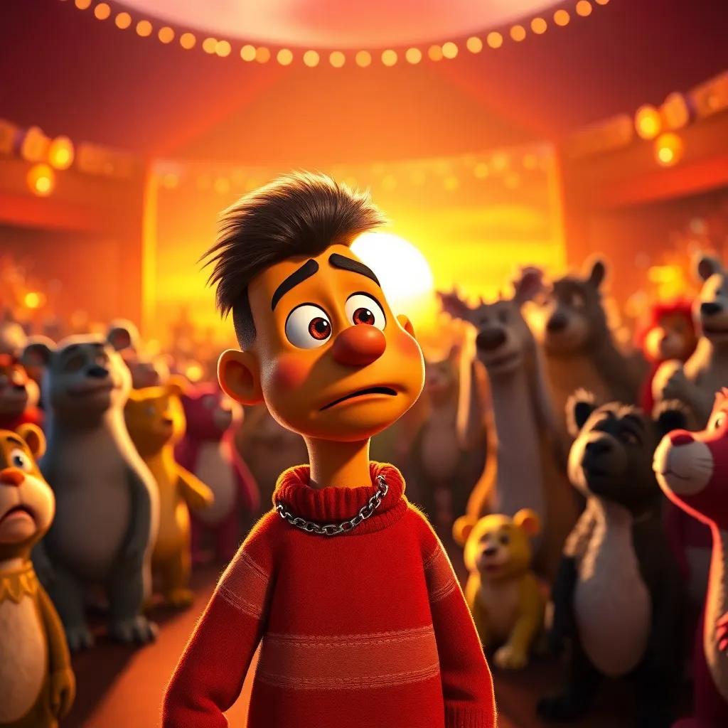 Freddy looking nervous but excited in front of a crowd of animals before the dance show, warm sunset light, encouraging atmosphere, high quality