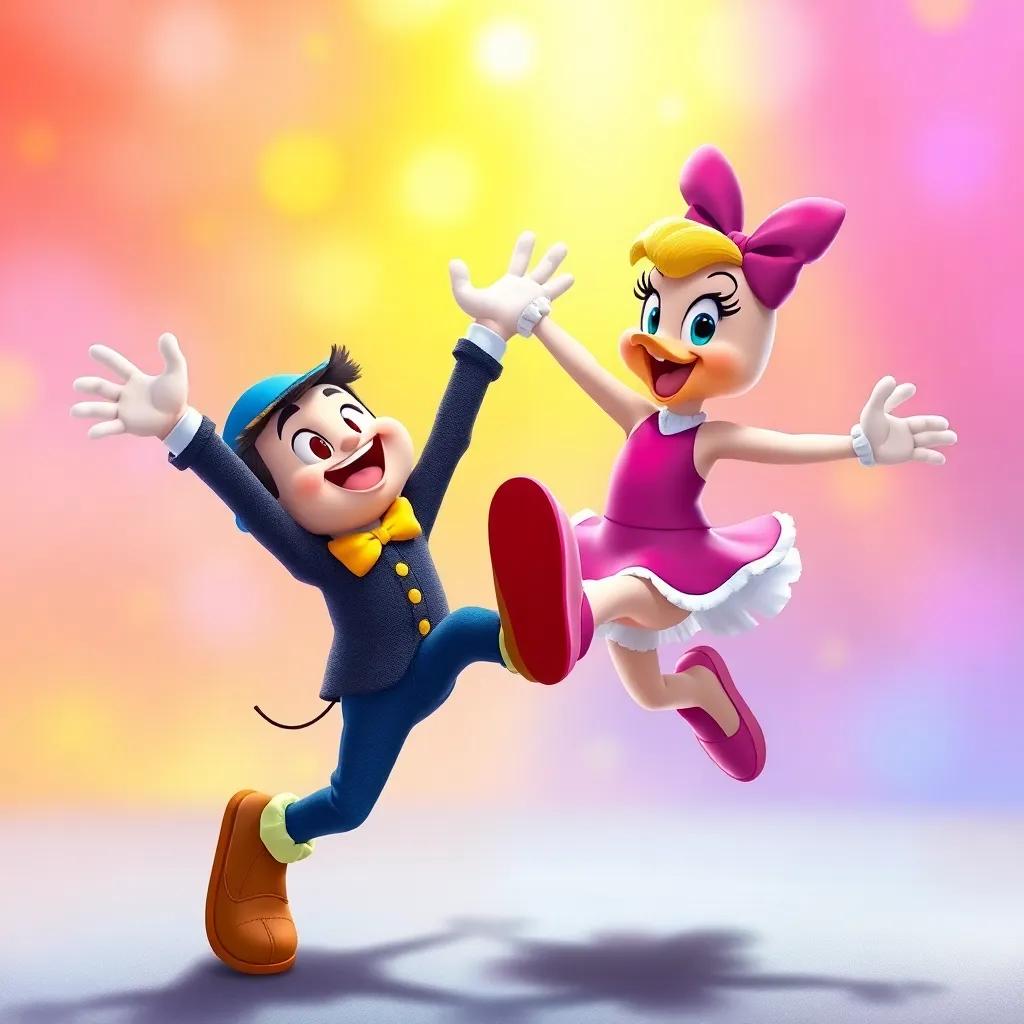 Freddy and Daisy performing joyfully, leaping and spinning, colorful scene, lively and upbeat, vibrant background, high quality