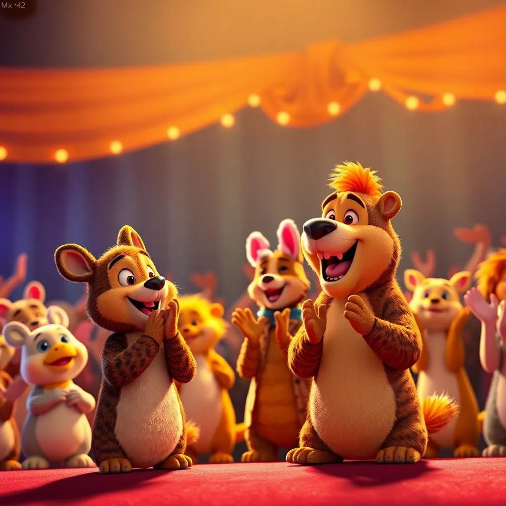 The animals clapping and cheering for Freddy and Daisy after the show, warm colors, sense of celebration and joy, high quality