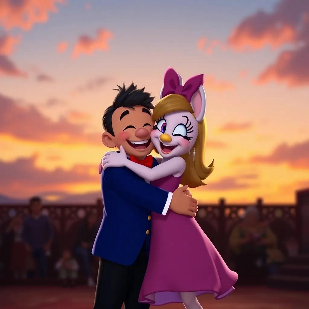 Freddy and Daisy hugging each other happily after their dance show, sunset sky in the background, warm and heartwarming, high quality
