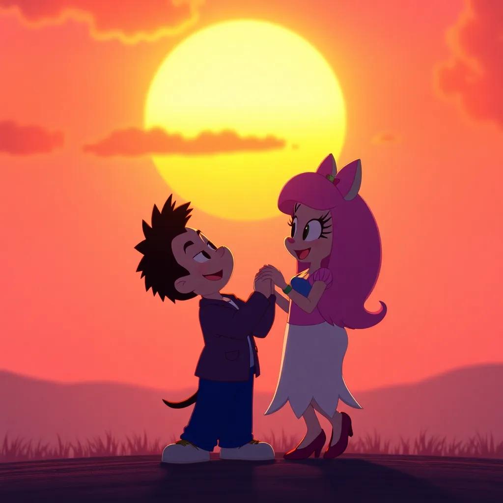 Freddy and Daisy under a beautiful sunset, promising to dance again, vibrant orange and pink sky, peaceful and joyful moment, high quality