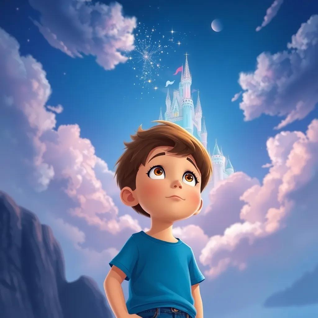 A curious 10-year-old boy, Freddy, with short brown hair and wearing a blue t-shirt and jeans, gazing up at a sparkling castle in the clouds, vibrant colors, illustration, whimsical atmosphere