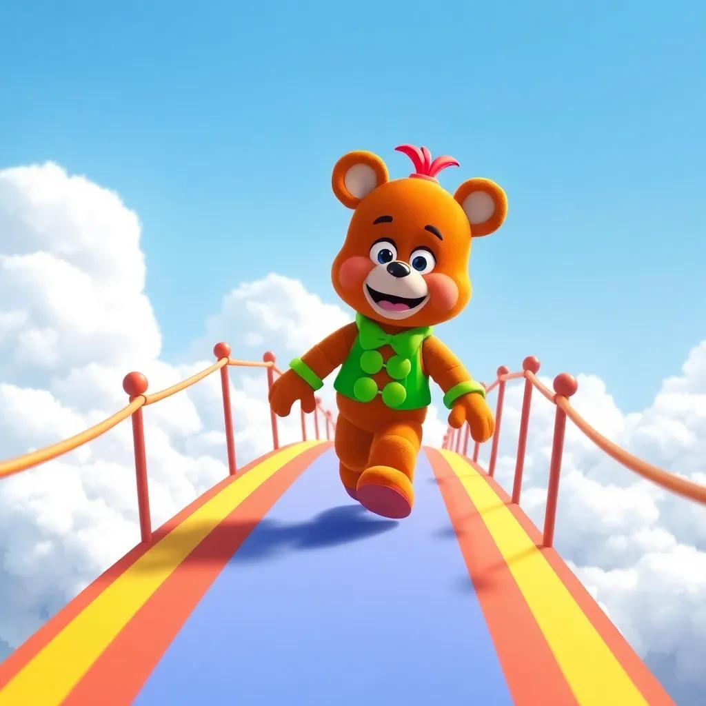 Freddy walking on a colorful rainbow bridge, with fluffy white clouds beneath his feet, feeling excited and nervous, cheerful tone, digital art, bright and lively