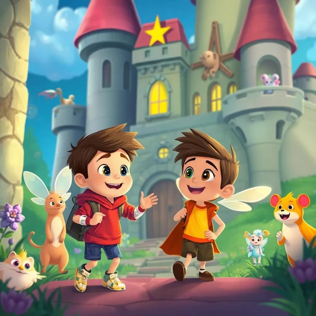 Freddy and Spark exploring the castle, meeting magical creatures like fairies and talking animals, each with unique talents, joyful ambiance, playful illustration