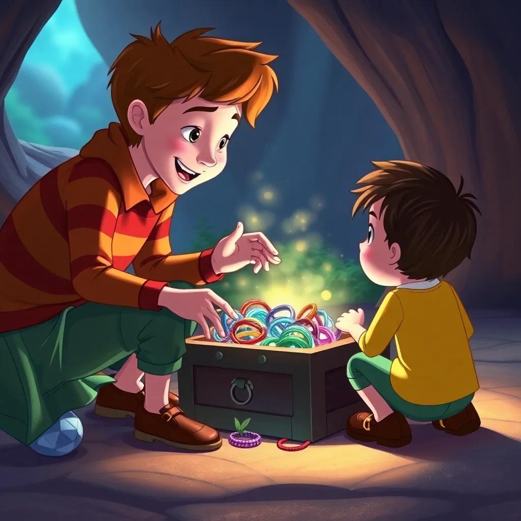 Freddy discovering a treasure chest filled with colorful friendship bracelets, Spark explaining the magical powers, warm light, inviting atmosphere, fantasy illustration
