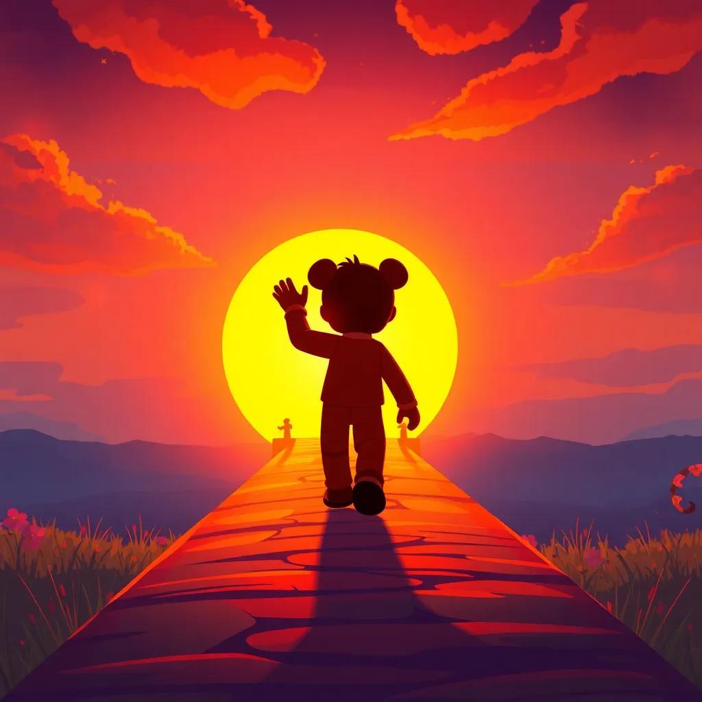 A sunset view of Freddy walking back across the rainbow bridge, waving goodbye to Spark and the magical creatures, glowing colors, warm feeling, lovely illustration