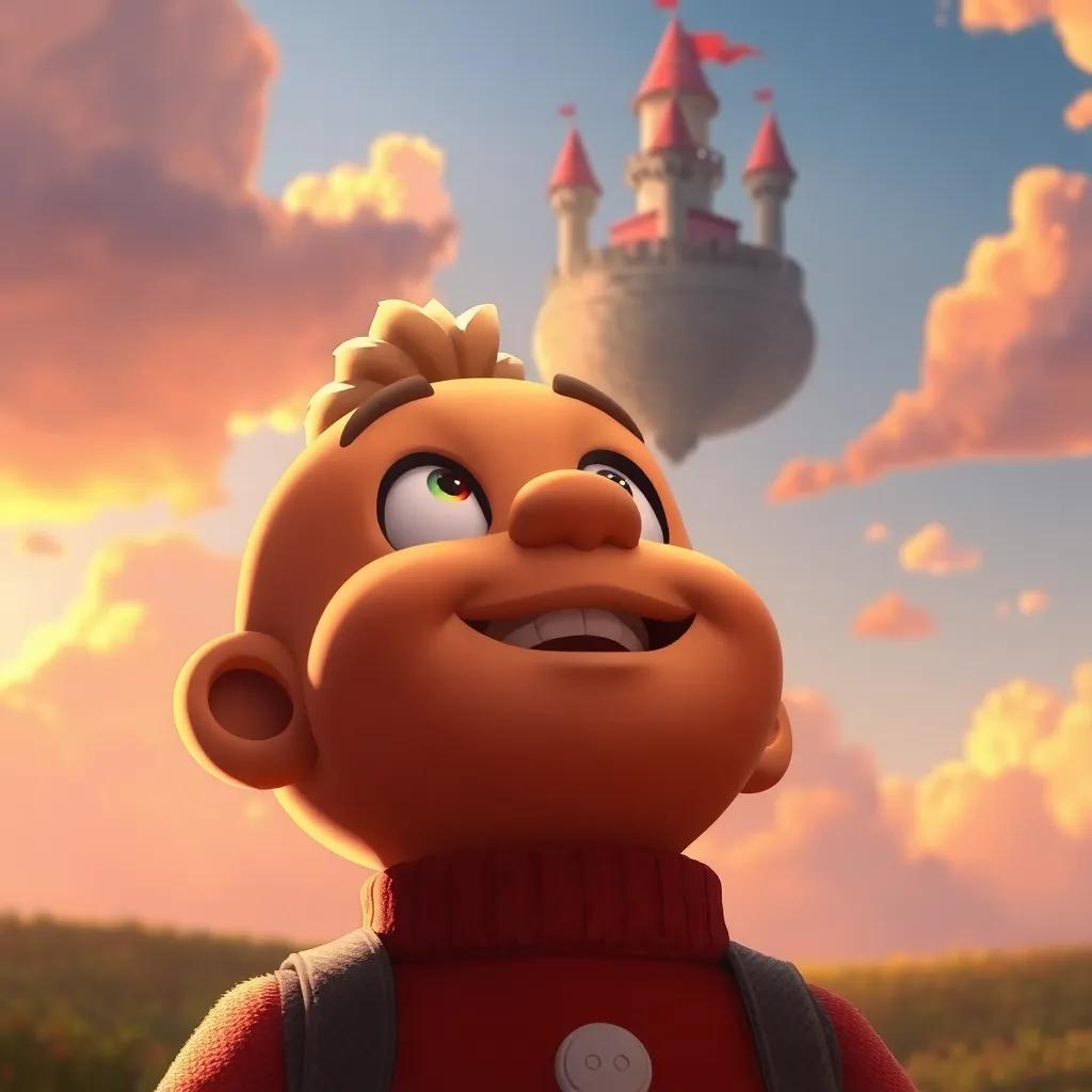 Freddy looking up at the clouds with a gleam in his eyes, knowing he can return to the floating castle, hopeful and joyful expression, inspirational artwork, warm tones