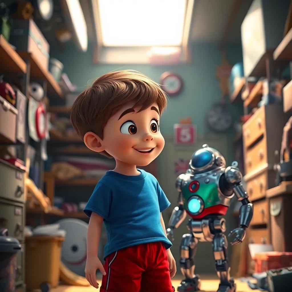 A young boy, Freddy, with short brown hair, wearing a blue T-shirt and red shorts, discovering a shiny robot in his cluttered garage, bright sunlight coming in, playful colors, digital art, joyful atmosphere, high quality