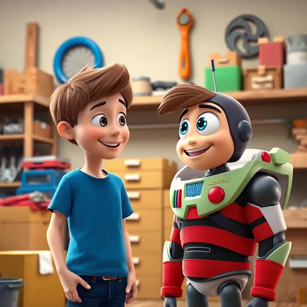 Freddy, a young boy with short brown hair, in a blue T-shirt, talking to Buzz, a friendly robot with big eyes and a smile, surrounded by tools and boxes in the garage, cheerful, colorful, friendly environment, high quality