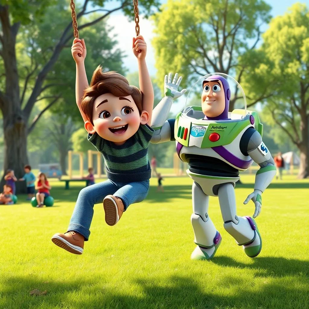 Freddy, with brown hair, and Buzz, the robot with big eyes, at a park, Freddy swinging high while Buzz pushes him, green grass, trees, joyful children around, sunny day, vibrant colors, child-friendly scene, high quality