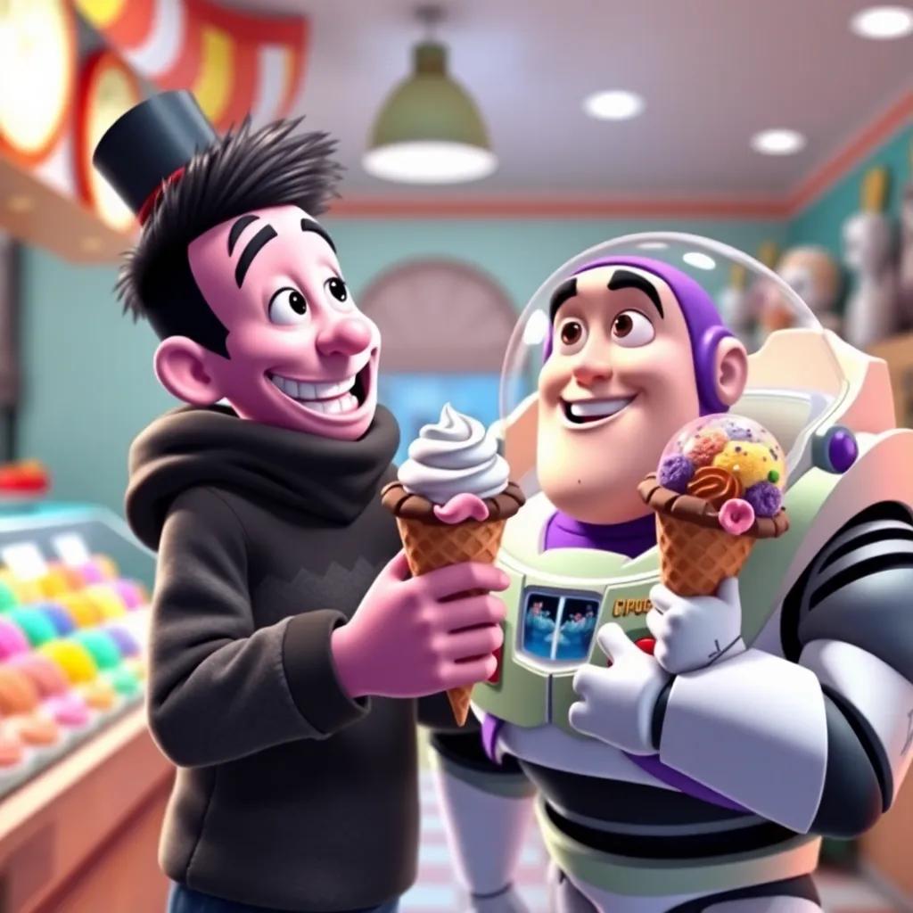 Freddy with a chocolate ice cream cone, and Buzz with a rainbow scoop, in an ice cream shop, smiling and laughing, colorful ice cream flavors displayed, bright and inviting, happy environment, high quality