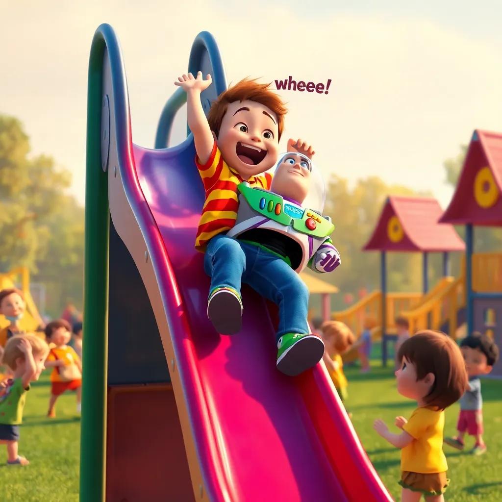 Freddy climbing on a tall slide with Buzz's help, both excited and shouting 'Wheee!', playground full of children playing, soft lighting, vibrant colors, lively atmosphere, high quality