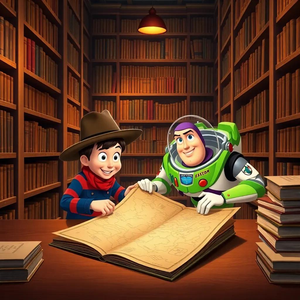Freddy and Buzz in a library finding a treasure map in a big old book, surrounded by tall bookshelves, warm lighting, treasure map spread out on a table, engaging and intriguing, high quality