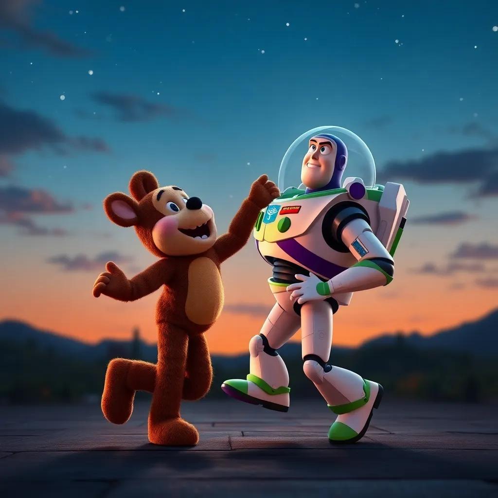 Freddy dancing around with Buzz, the robot, under the glowing evening sky, both happy with shiny treasures, stars starting to twinkle above them, uplifting, enchanting moment, high quality