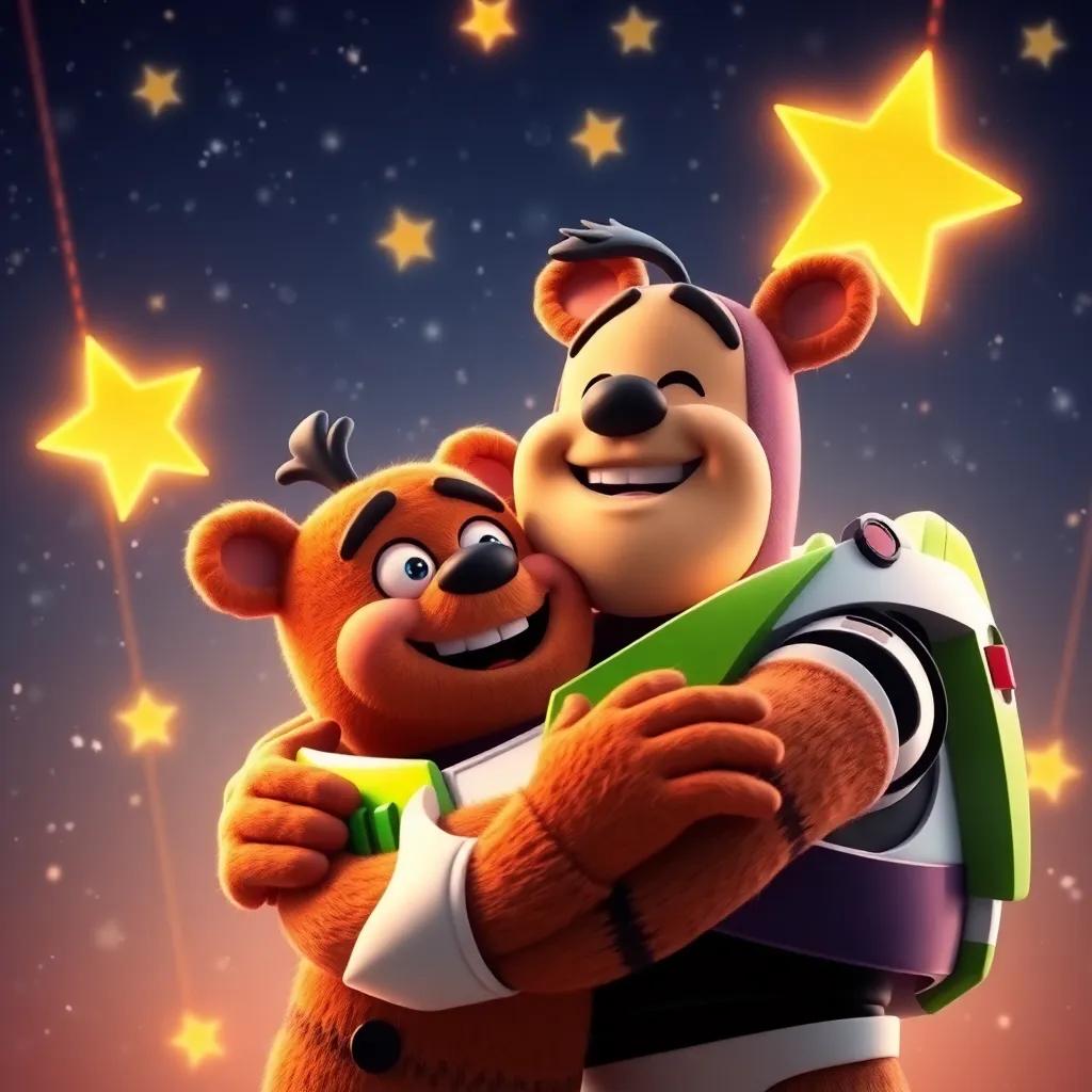 Freddy with a cheerful face, hugging Buzz under the twinkling stars, both looking up at the sky, warm and cozy atmosphere, friendship portrayed, magical colors, high quality