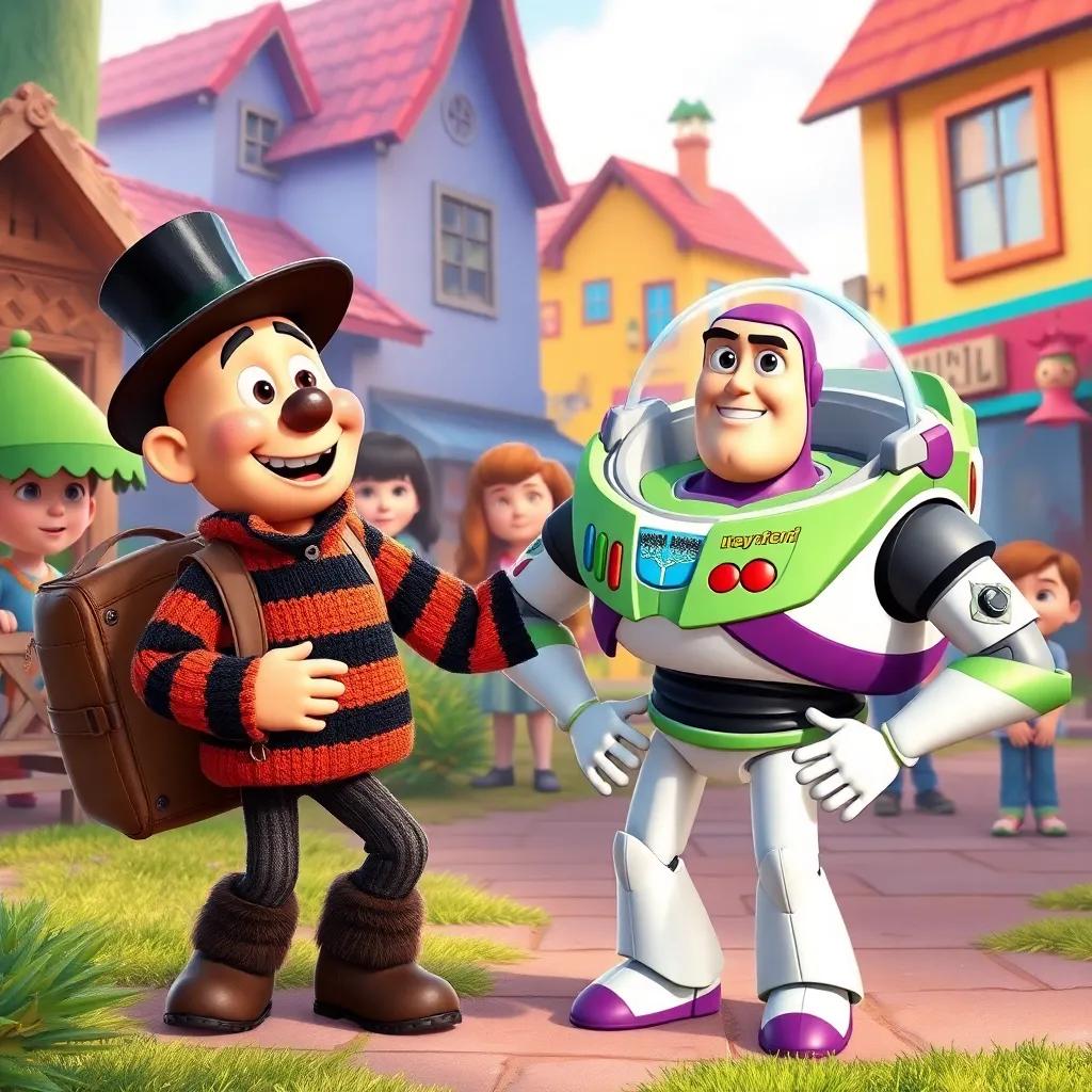 Freddy and Buzz sharing adventures in their town, fun scenes of playing and exploring, happy faces of kids in the background, vibrant and engaging artwork, high quality
