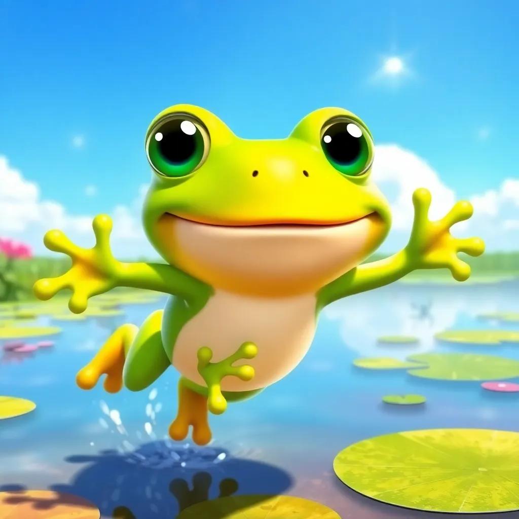 A lively green frog named Freddy with big sparkling eyes, hopping joyfully around a beautiful pond under a bright blue sky, digital art, vibrant colors, cheerful atmosphere, high quality