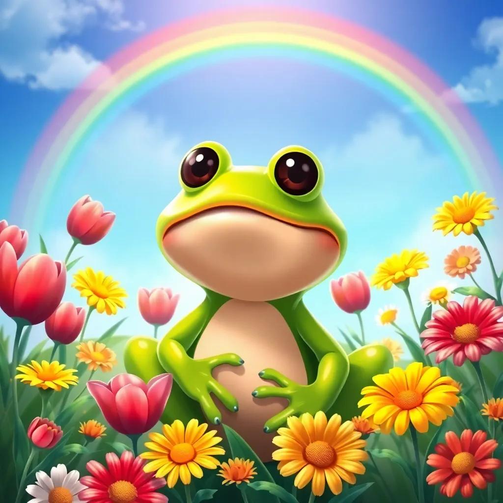 Freddy the frog surrounded by blooming flowers, including red tulips, vibrant daisies, and sunny marigolds, with a stunning rainbow above, illustration, colorful, engaging, child-friendly