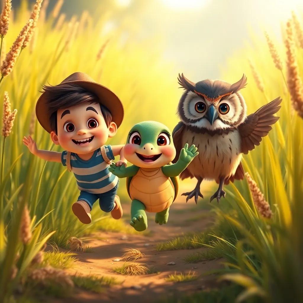Freddy, Tilly the turtle, and Oliver the owl hopping together in tall grass, cheerful expressions, sunlight streaming down, enjoying their adventure, digital painting, warm colors, happy mood, high quality