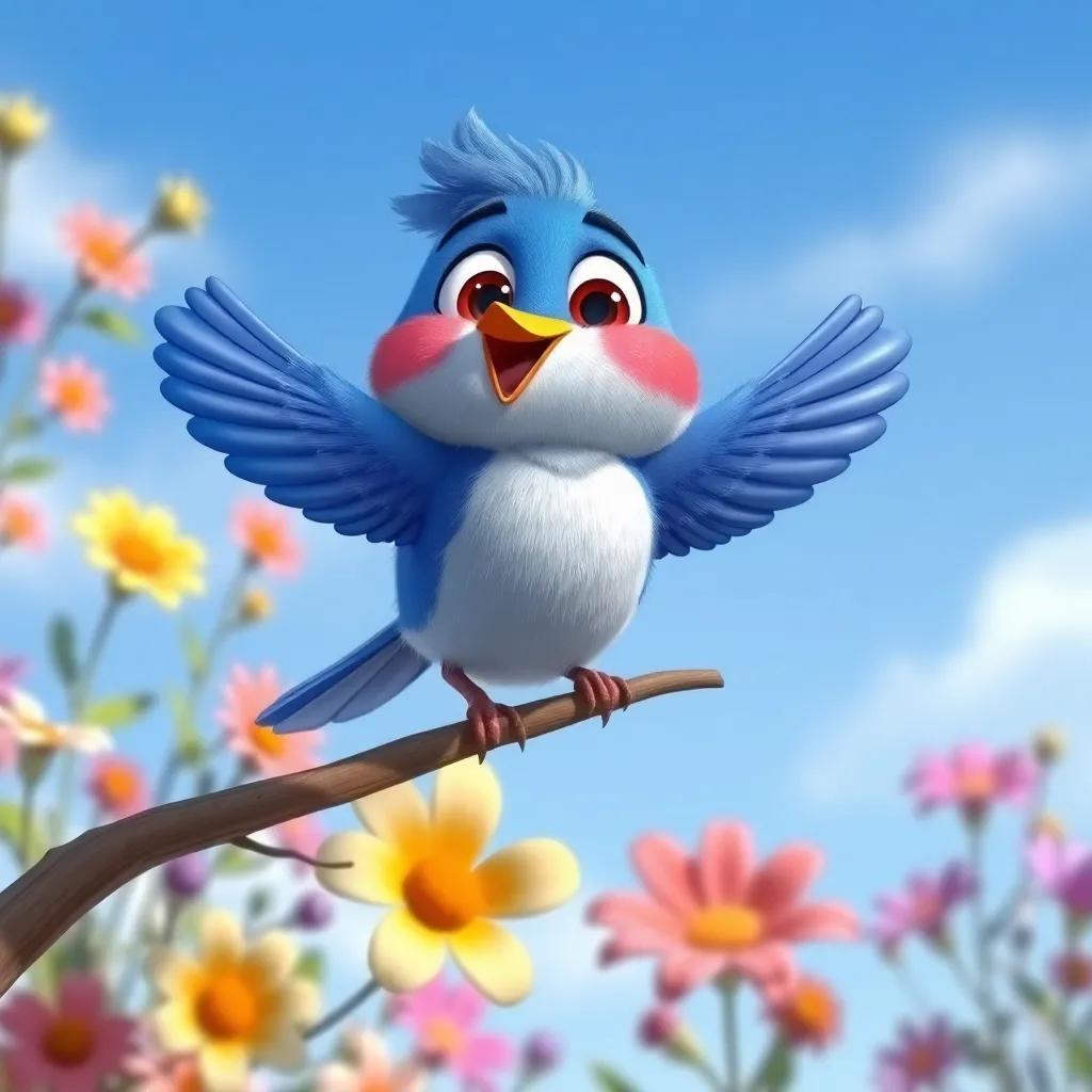 Benny the bluebird joining Freddy and his friends, perched excitedly on a branch, colorful flowers and a clear blue sky in the background, joyful, vibrant, friendly atmosphere, illustration