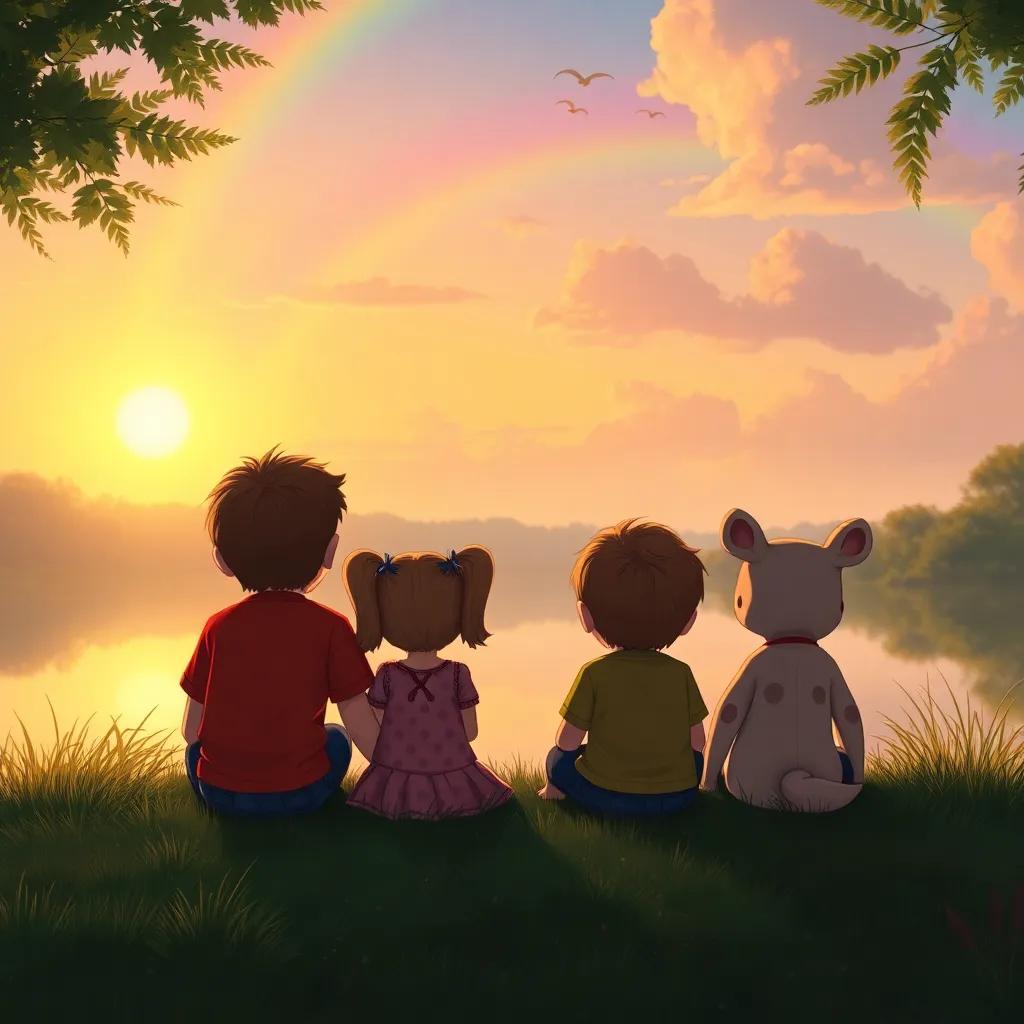Freddy, Tilly, Oliver, and Benny sitting together watching the rainbow fade away, a peaceful sunset reflecting over the pond, warm light, tranquility, heartwarming scene, illustration, calming, inviting atmosphere