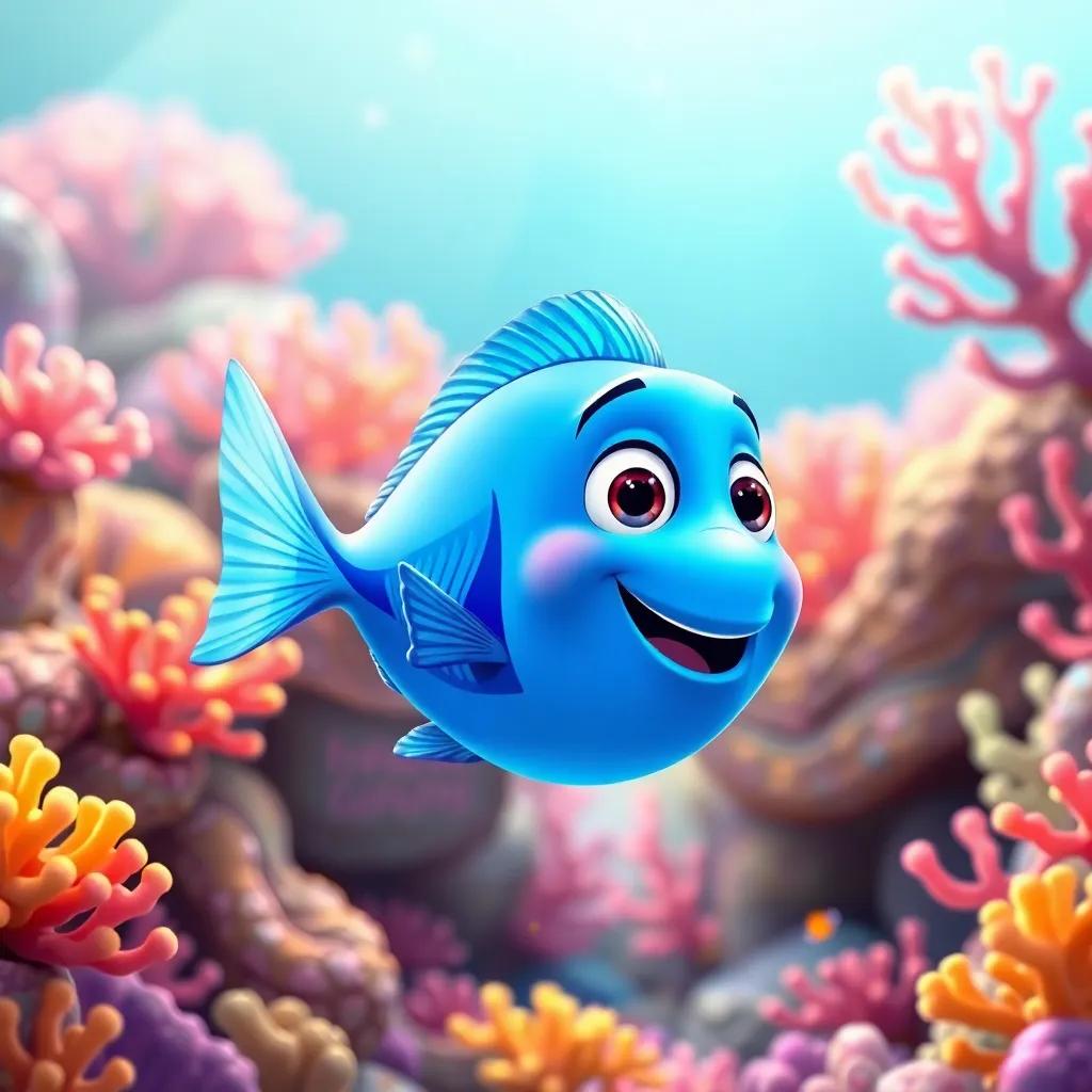 A bright blue fish named Freddy with a shiny tail exploring a coral reef, surrounded by colorful corals and little fish, cheerful atmosphere, child-friendly, digital art