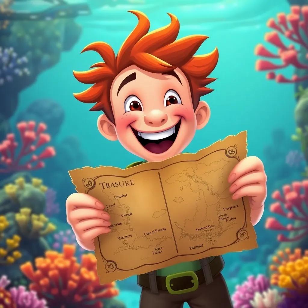 Freddy excitedly holding an old treasure map underwater, with a big joyful smile, colorful coral in the background, adventure-themed, illustrations, vibrant colors