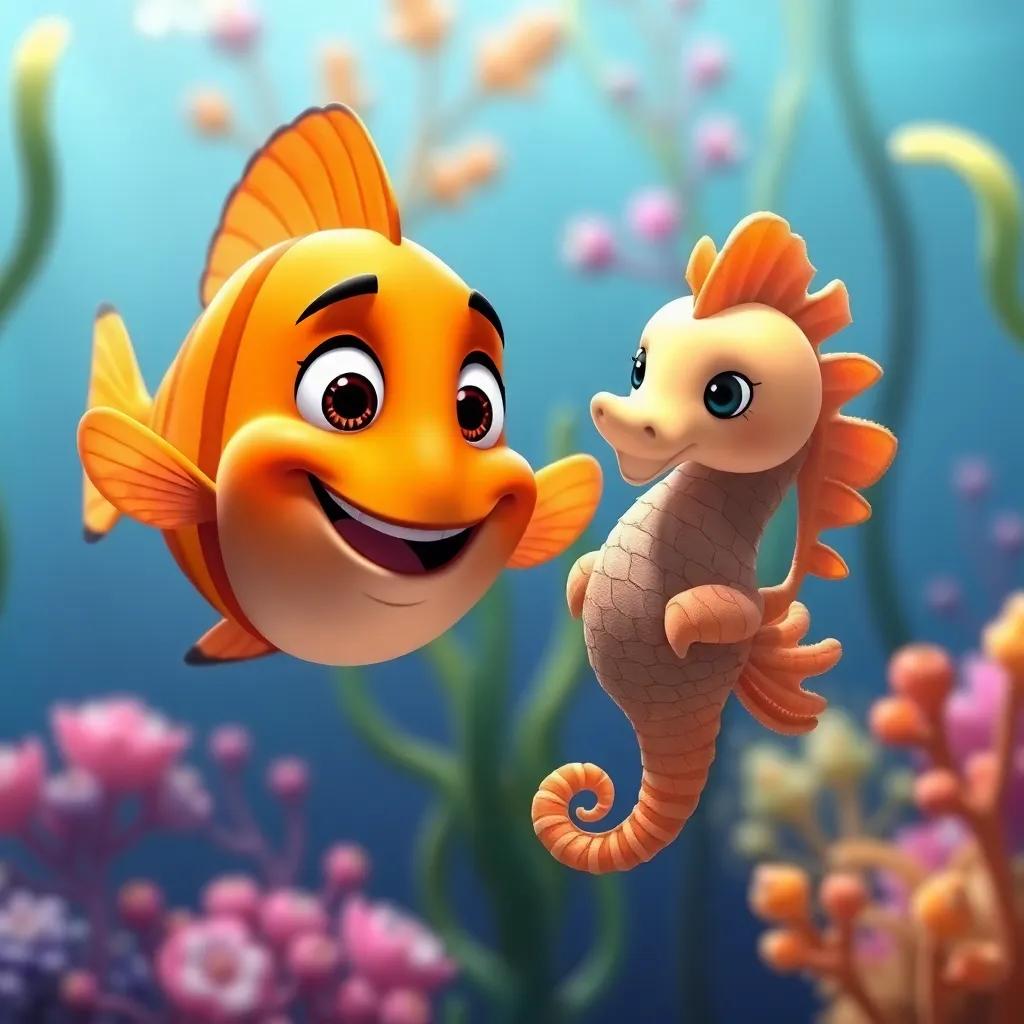 Freddy the Friendly Fish swimming towards Sammy the Seahorse, a small cute seahorse with a friendly face, underwater plants around them, joyful vibe, high quality digital art