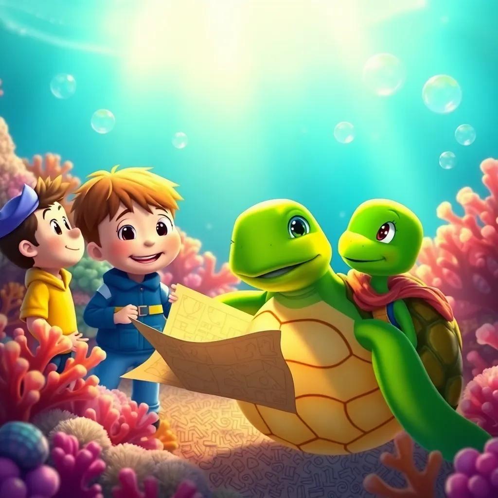 Freddy, Sammy, and Tina the Turtle, a wise green turtle with a gentle smile, discussing the treasure map, colorful coral, bubbles floating around, warm light, engaging art