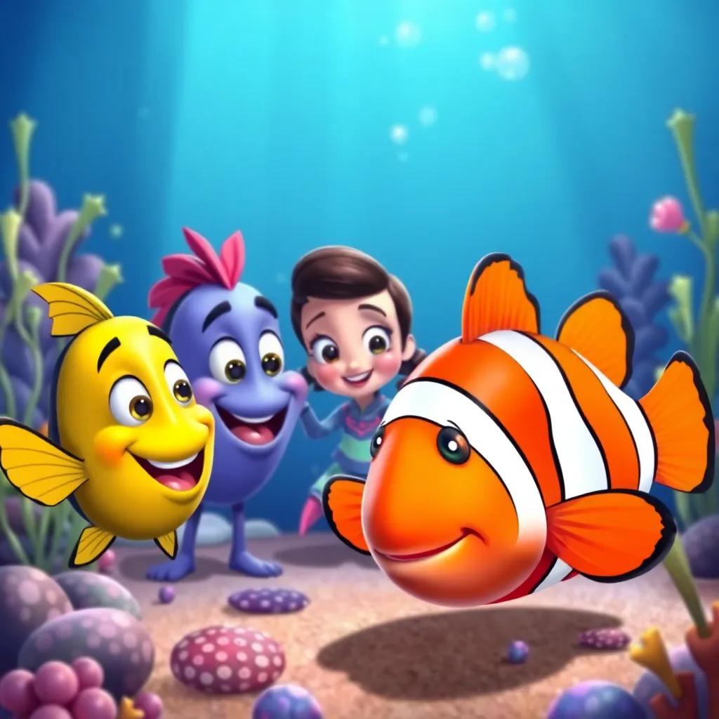Freddy the Fish, Sammy, and Tina visiting Bubbles the Clownfish, a shy clownfish with bright orange and white stripes, all looking at the treasure map together, playful atmosphere, cheerful colors