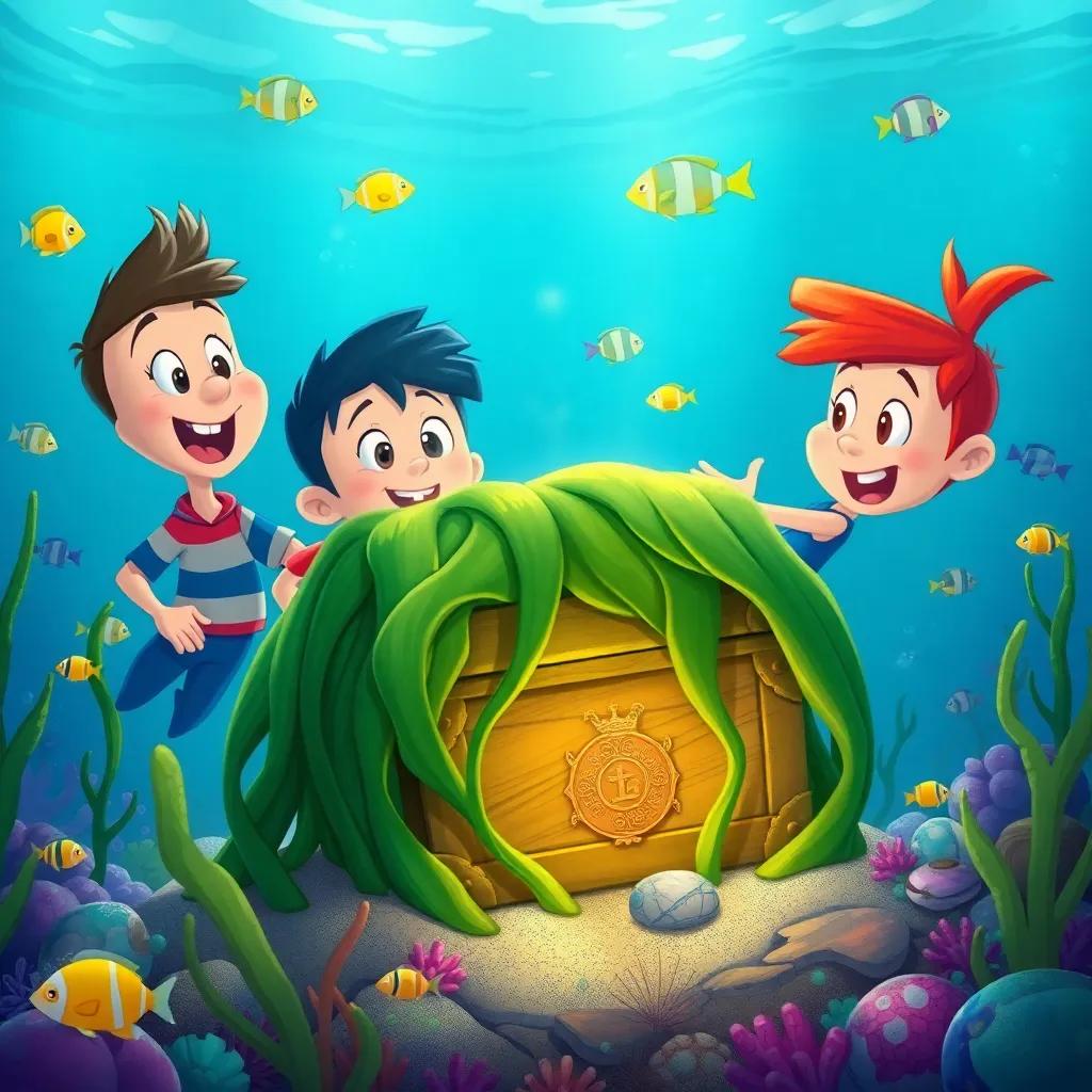 Freddy and his friends spotting the shiny treasure chest covered in seaweed, excitement on their faces, underwater scene with colorful fishes around, engaging illustration