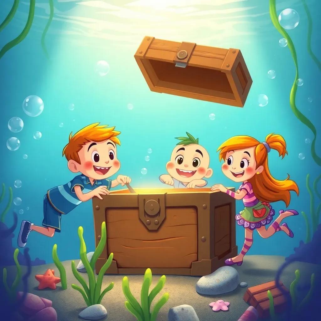 The friends working together to open the treasure chest, Freddy pushing, Sammy pulling, and Tina nudging, underwater bubbles and seaweed, fun and teamwork vibe, child-friendly