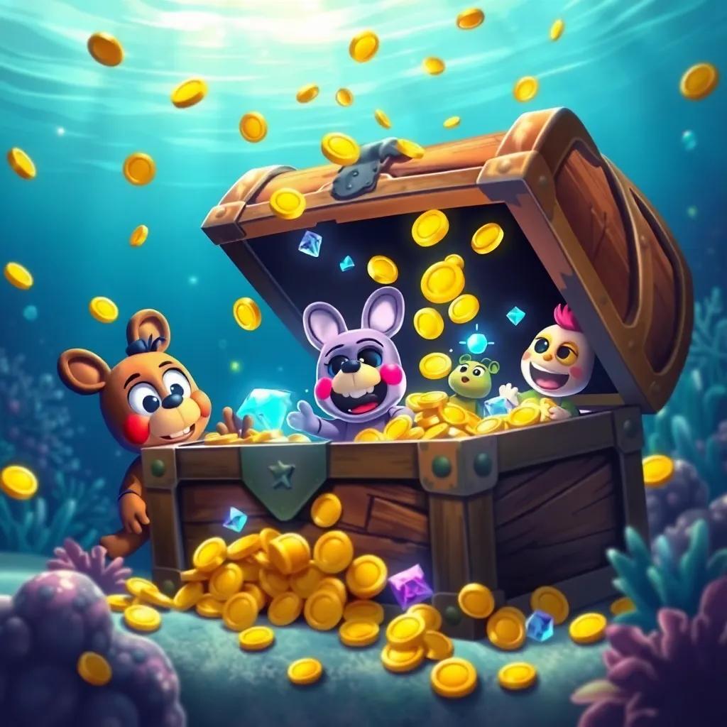 The treasure chest overflowing with gold coins and sparkling gems, underwater scene, bright colors, Freddy and friends looking thrilled, capturing the excitement
