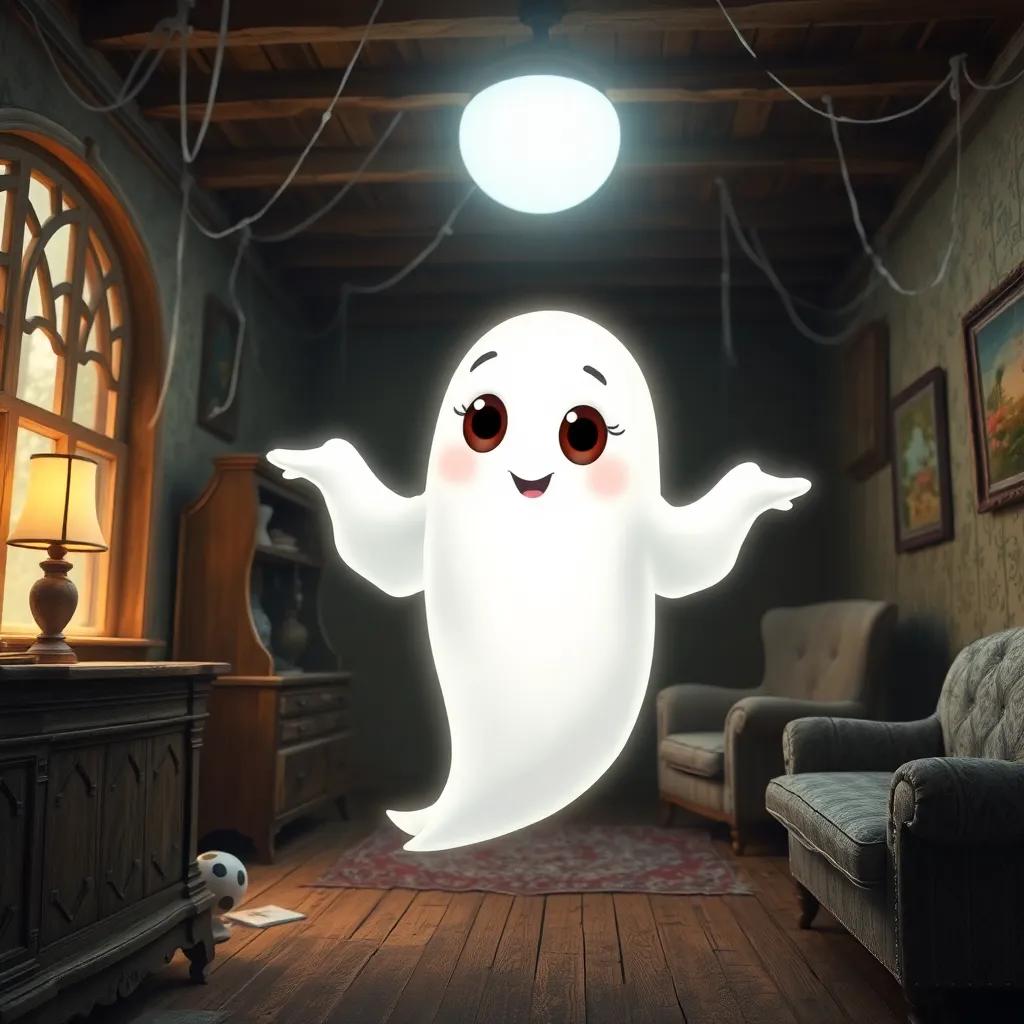 A friendly ghost named Freddy, with a soft white glow and big, friendly eyes, floating in an old, creaky house, surrounded by cobwebs and dusty furniture, digital art, whimsical style, warm colors, inviting atmosphere, high quality