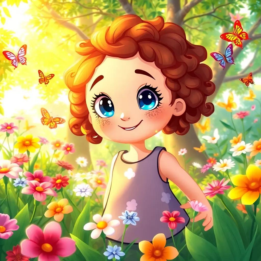 Lily, a brave girl with sparkling eyes and curly hair, exploring a vibrant garden filled with flowers, butterflies, and sunlight streaming through the trees, cheerful illustration, bright and colorful, child-friendly, high quality