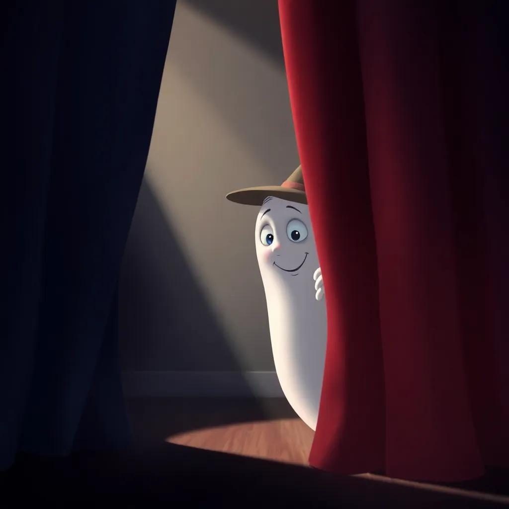Freddy the ghost peeking from behind a curtain, looking curious and hopeful, inside a dimly lit room, with playful shadows and hints of dust in the air, dramatic perspective, whimsical art style, high quality