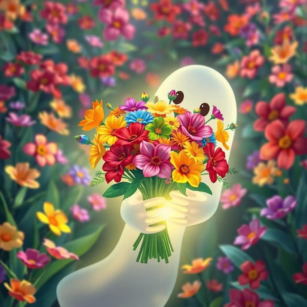 A beautiful bouquet made of colorful flowers, glowing softly in Freddy’s ghostly hands, amidst a lush garden with bright petals and green leaves, illustration, colorful and inviting, cheerful mood, high quality