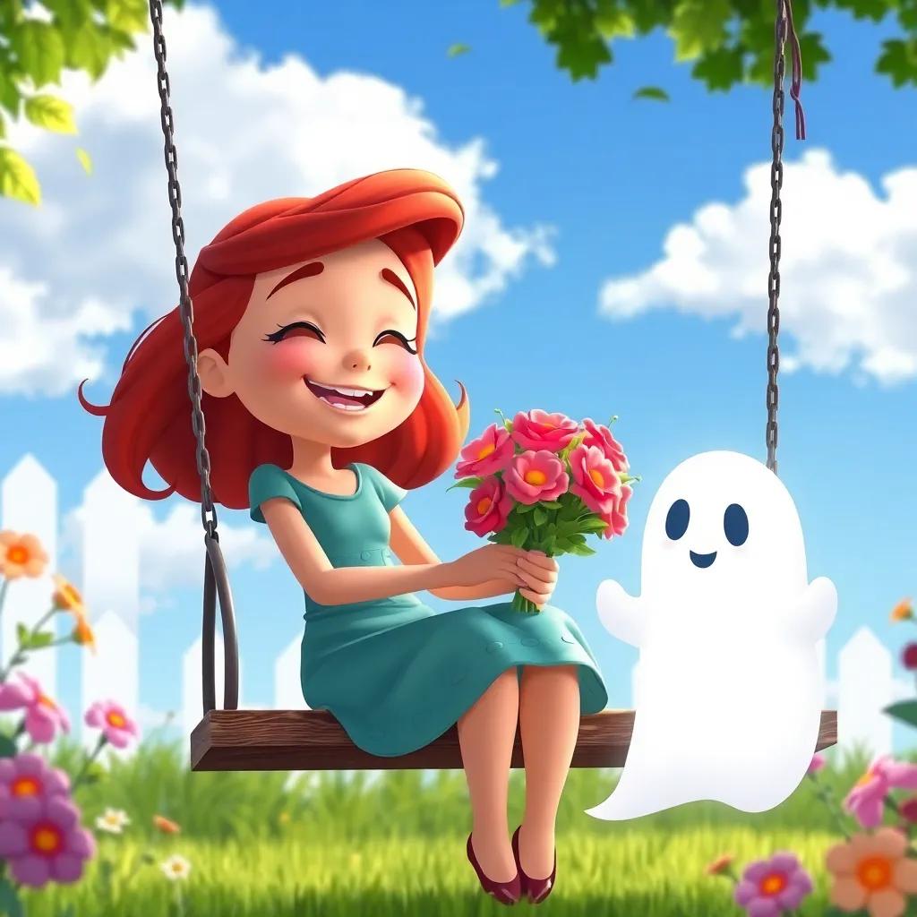 Lily sitting on a swing in the garden, her face lighting up with joy as she sees the ghostly bouquet from Freddy, a sunny day with blue skies, heartwarming moment, vibrant colors, high quality
