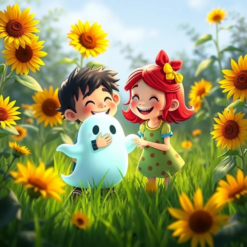 Freddy and Lily, best friends, playing hide-and-seek in the garden, with laughter and joy, the ghost glowing softly next to Lily, bright sunflowers and green grass all around, cheerful atmosphere, child-friendly, high quality